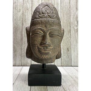 Vintage Khmer Style Buddha Head Sculpture Statue Buddhism Wooden Base 9.5" Tall